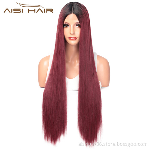 Aisi Hair Ombre Red Dark Root Wig Long Silky Straight Lace Frontal Wig Middle Part Synthetic Front Lace Hair Wigs For Women